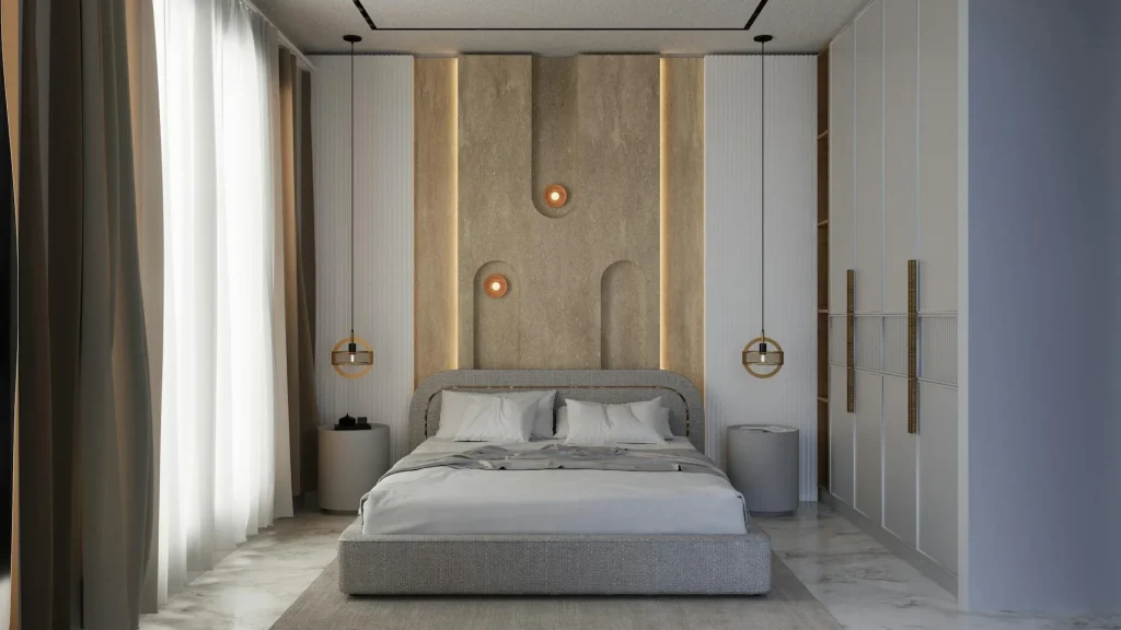 Calm bedroom with neutral colours and symmetrical bedside tables