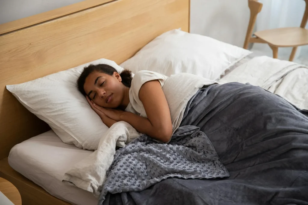Weighted blanket draped on a cosy bed in a bedroom
