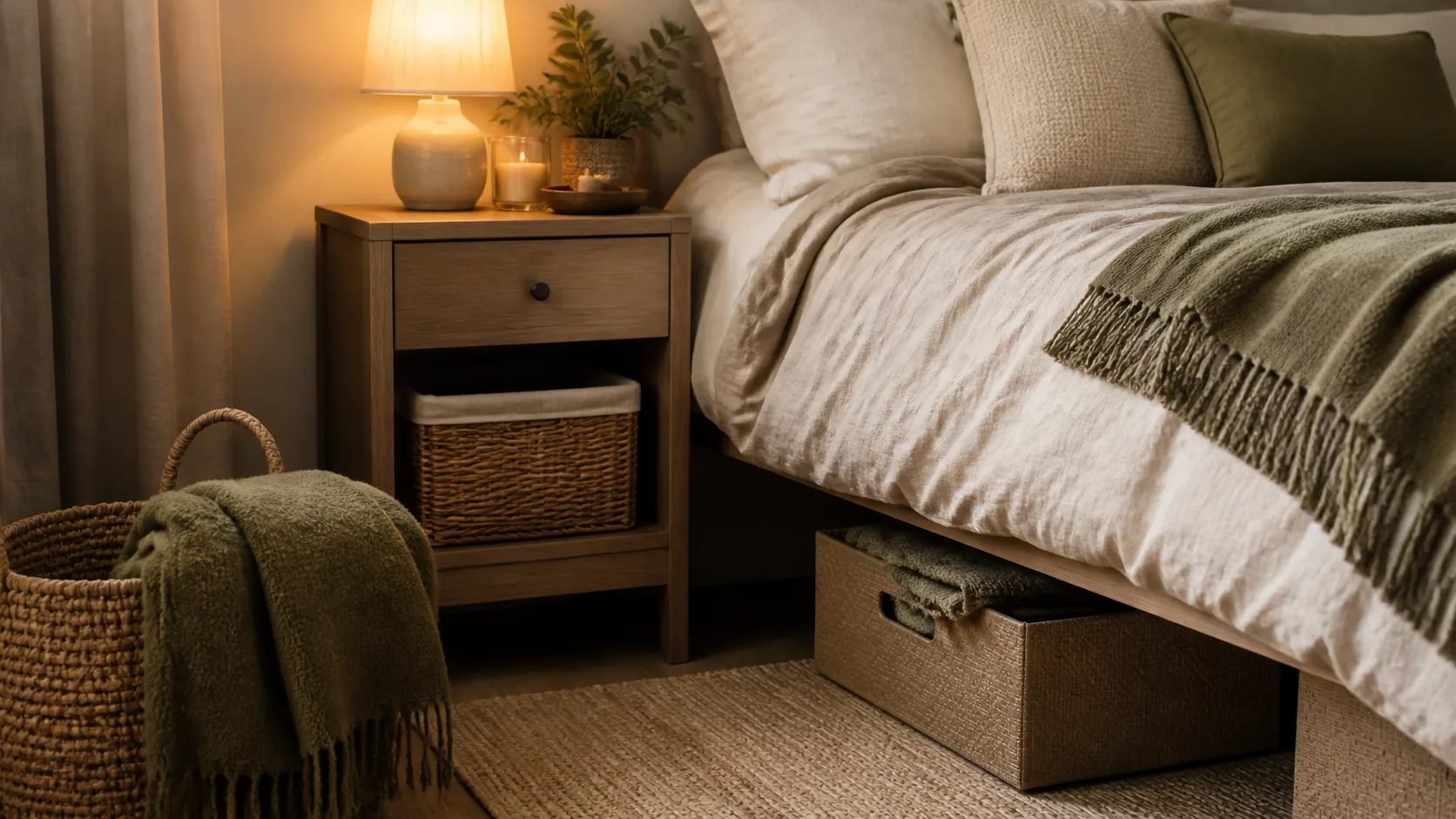 Cosy bedroom storage basket and bedside table