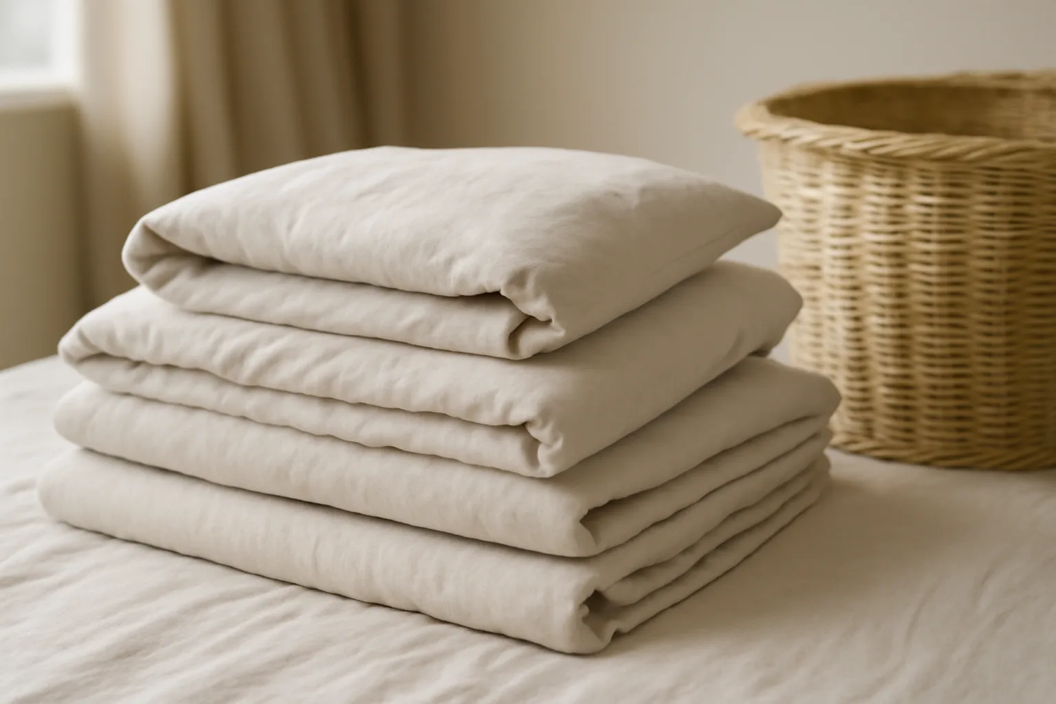 Folded linen bedding ready for washing and care