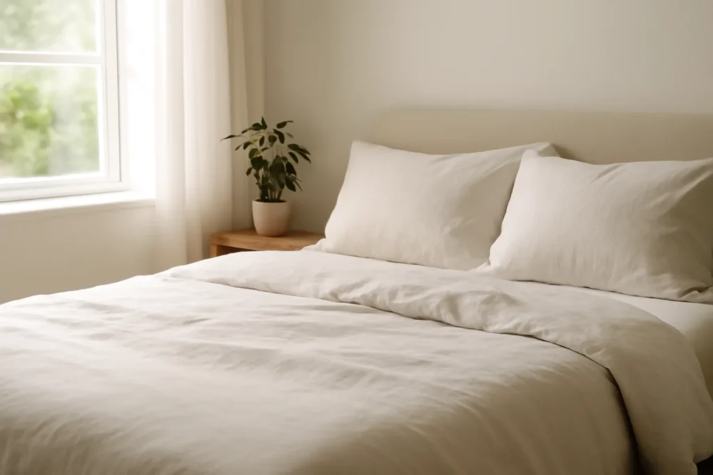 Relaxed linen bedding on a bright bedroom bed