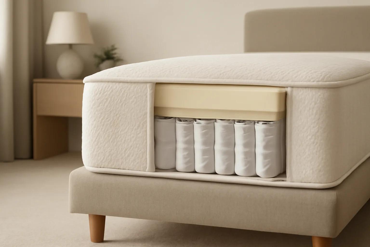 Cutaway mattress showing foam layers above pocket springs