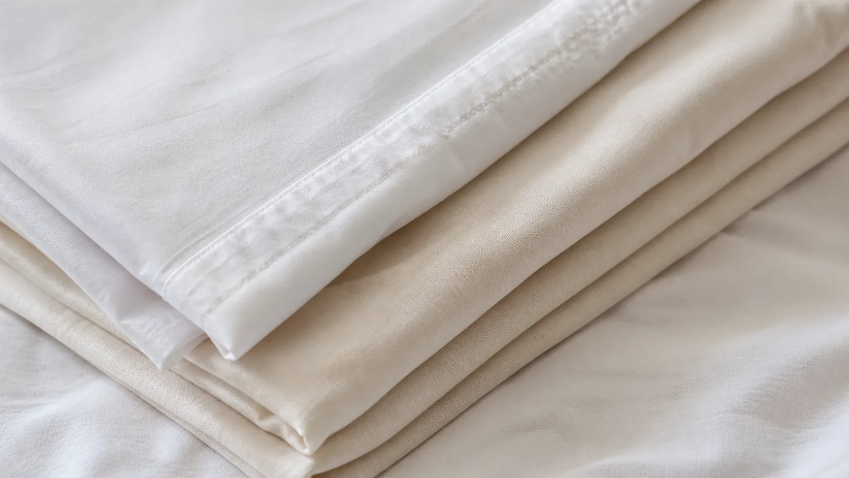 Close up of cotton bedding fabric texture on folded sheets