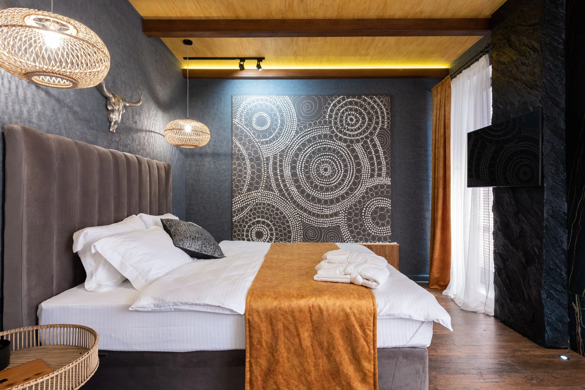 Folded throw blanket across the foot of a hotel-style bed