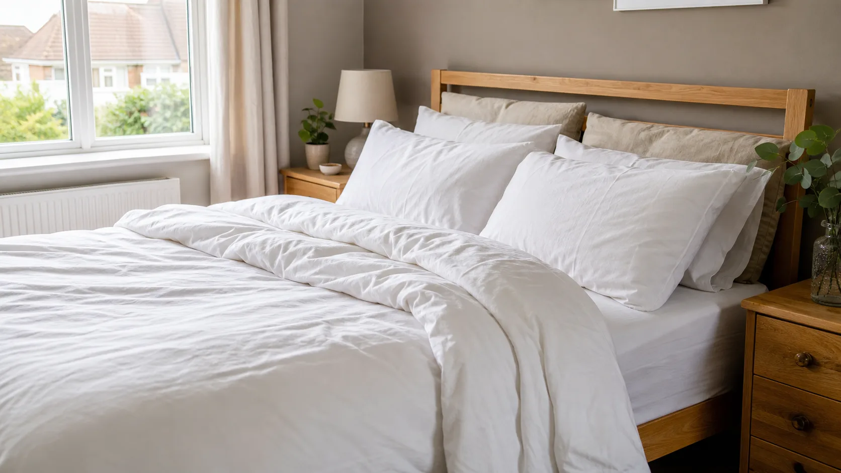 Fresh cotton bedding with pillows and duvet on a bedroom bed