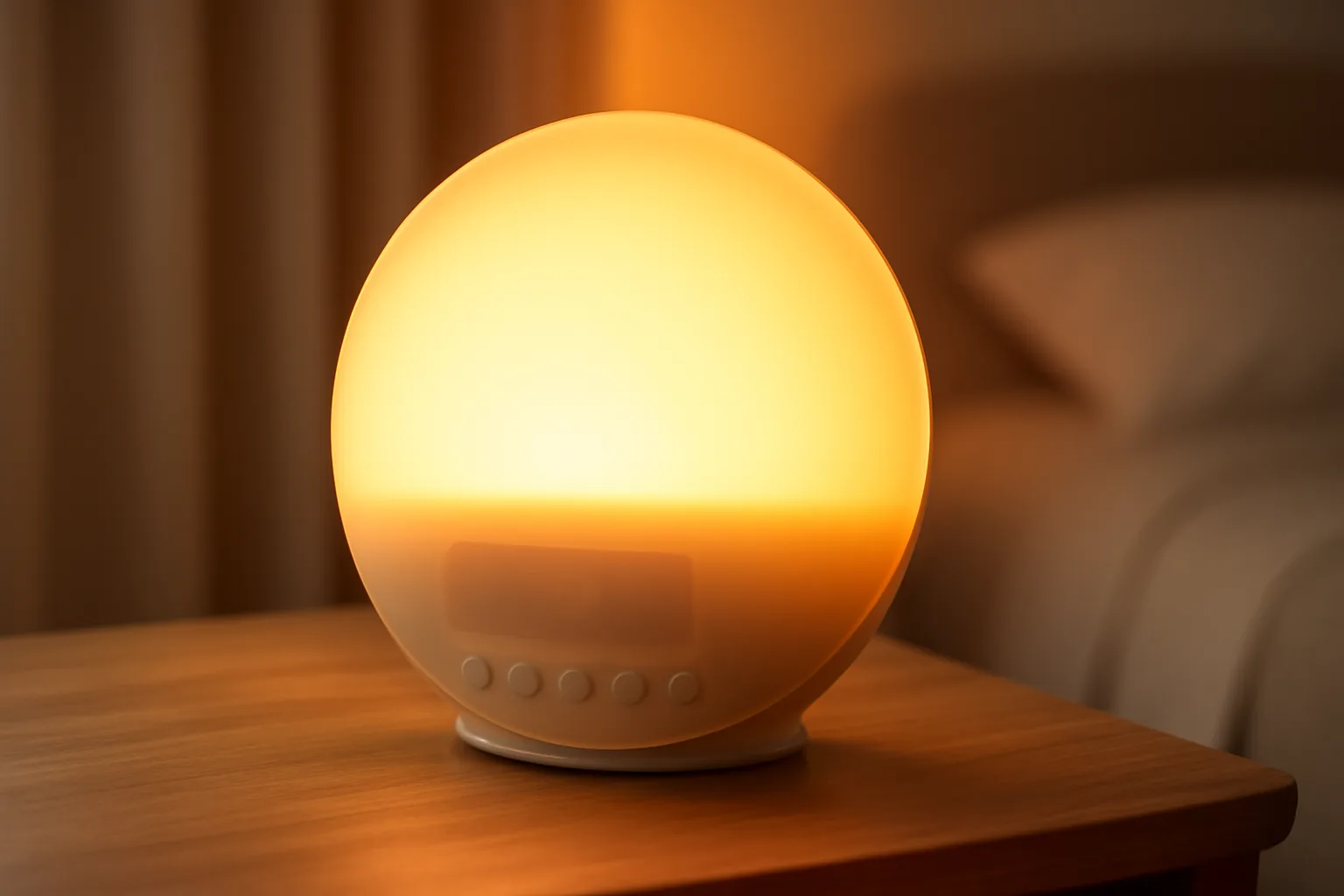 Close-up of a sunrise wake-up light with bedside controls