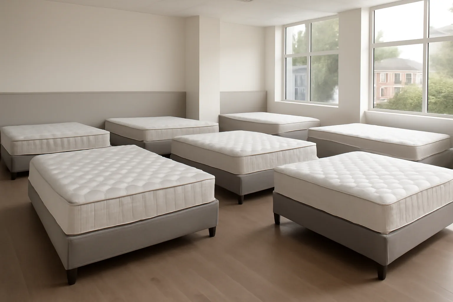 Mattress showroom display for comparing new beds