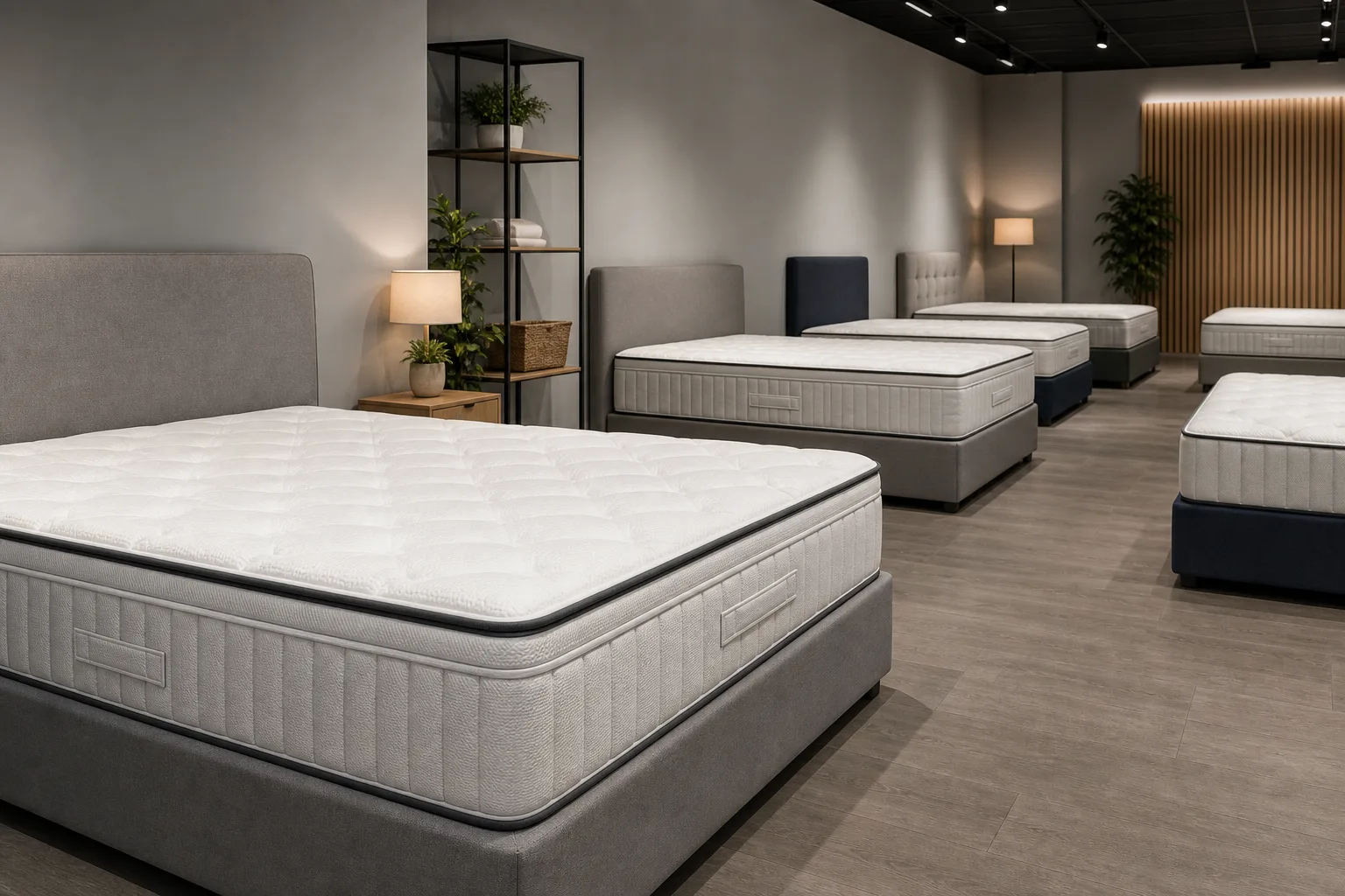Mattress showroom with unbranded beds for choosing a replacement