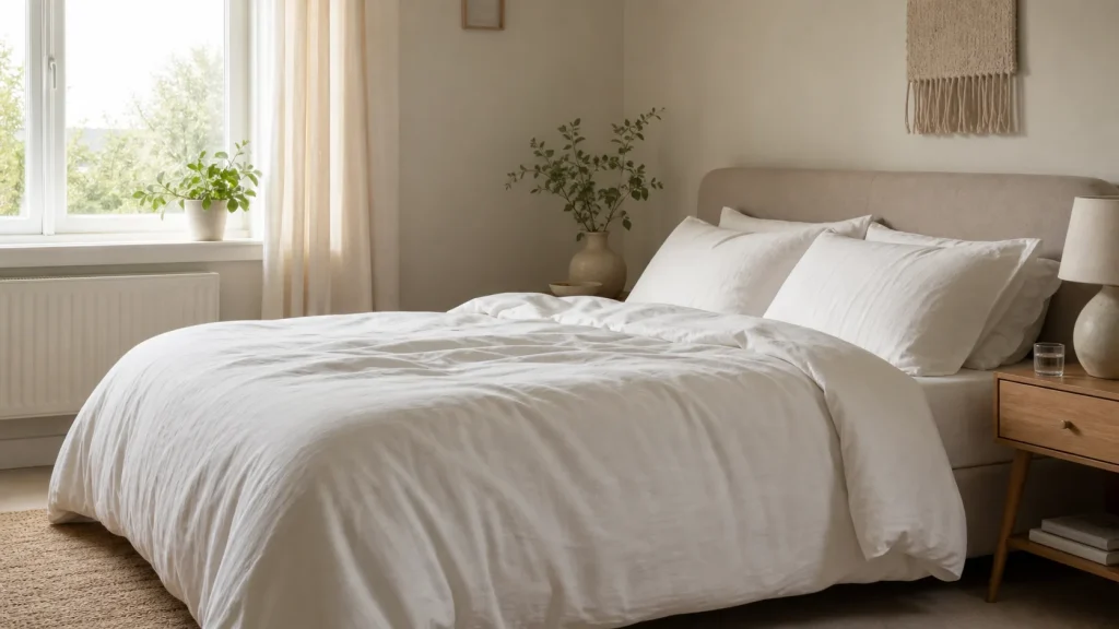 Organic cotton bedding on a neutral UK bedroom bed