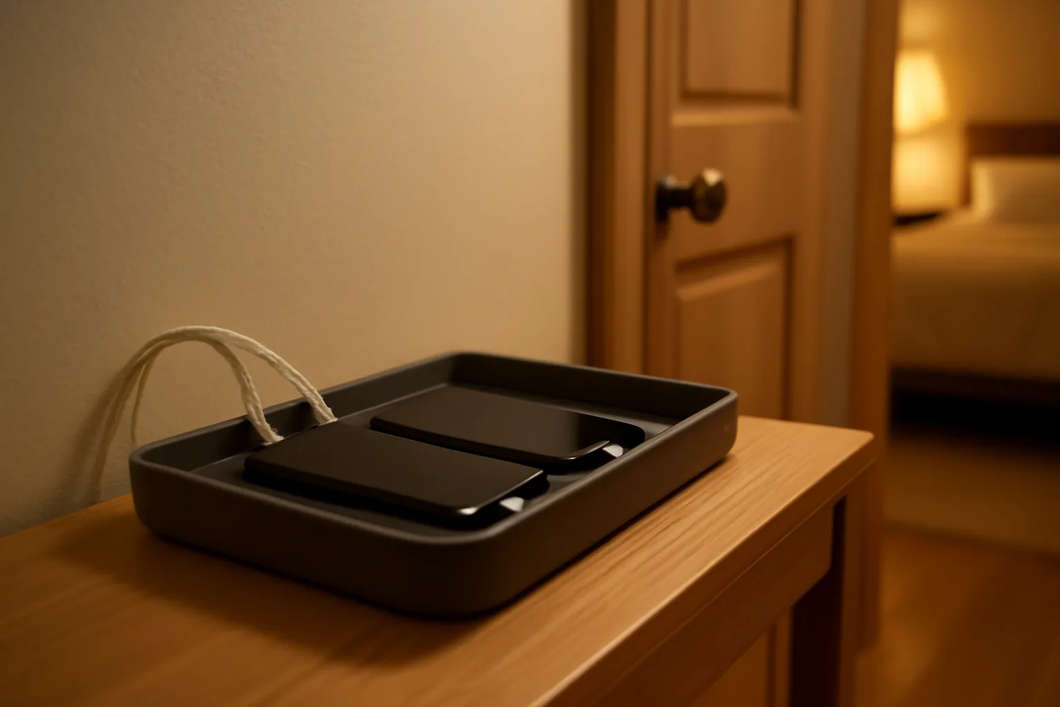 Phone charging tray outside a bedroom for a tech-free zone