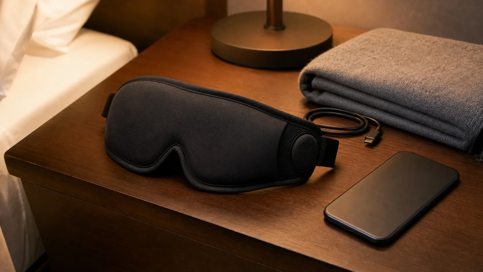 Sleep mask headphones on a travel bedside table