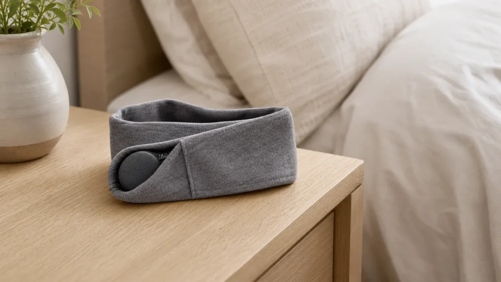 SnoozeBand review UK headband headphones on bedside table