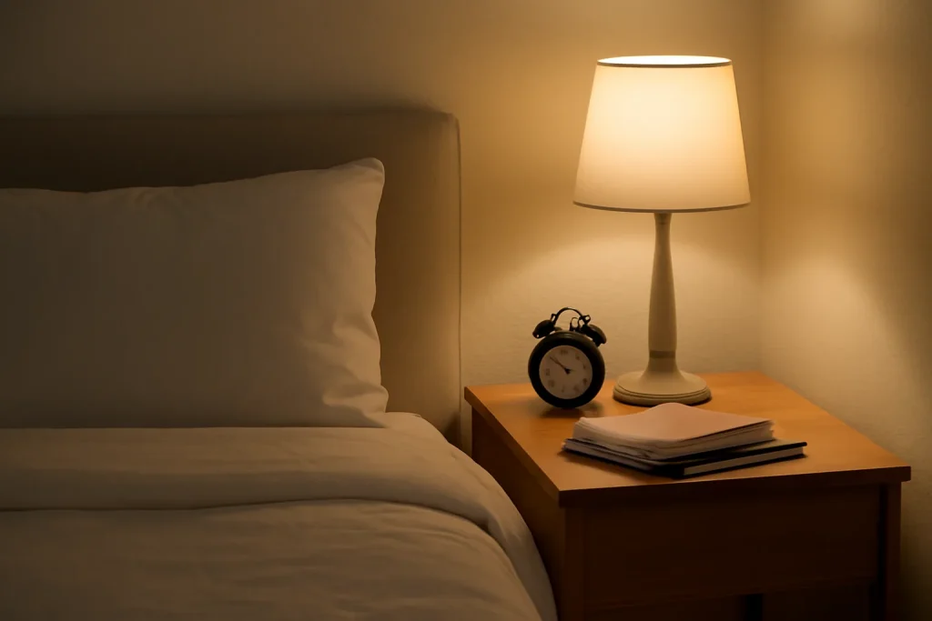 Calm tech-free bedroom bedside with warm lamp and analogue clock
